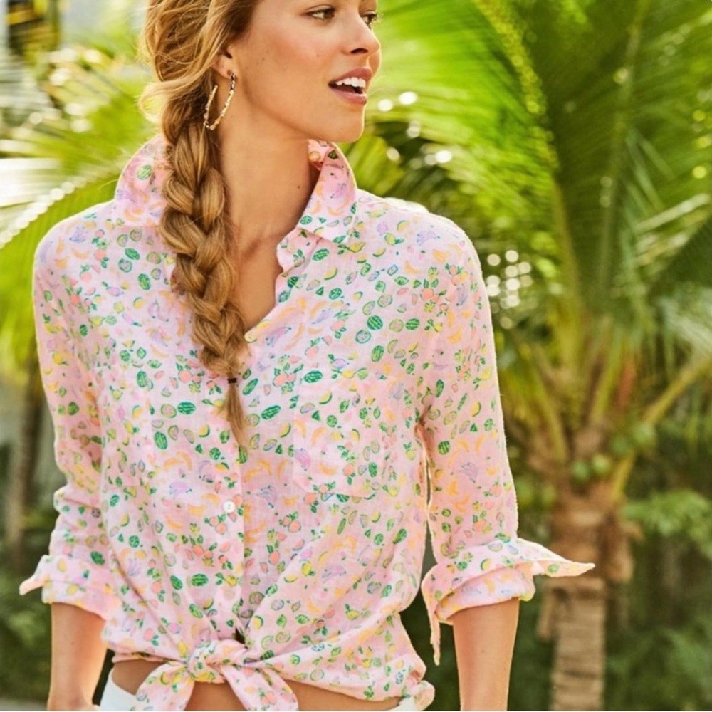 Lilly Pulitzer Sea View Linen Button Down Long Sleeve Pink Fruit Size Medium